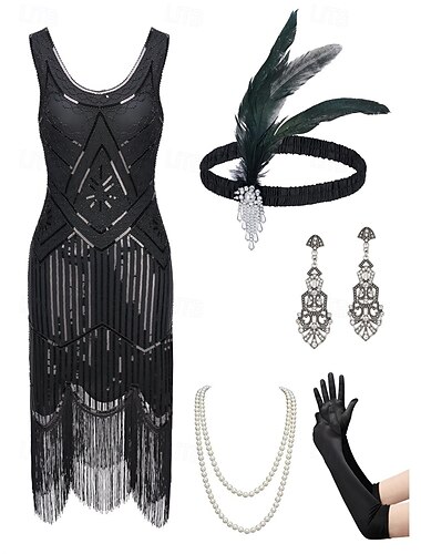  1920er Cocktailkleid Vintage-Kleid Midlänge Flapper Kleid Outfits Cocktailkleid Der große Gatsby Flapper-Mädchen Hochzeitsgast Pailletten Feder Fransen Damen Karnevalskostüm 7 STK Weihnachten