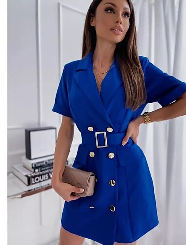  Women's Elegant Dress Mini Dress With Belt Double Breasted Vacation Elegant V Neck Short Sleeve Black White Pink Color