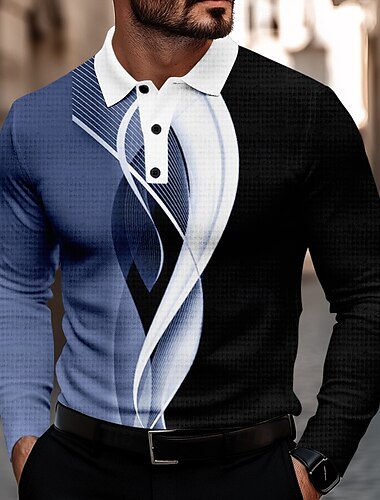  Herre Kurv Vaffel poloskjorter Golf skjorte Langermet Poloskjorter Skjorter med krage Fritid Business Casual Formell Kontor Hverdag Knapper 3D-utskrift Vår Høst Vinter Svart Blå Lysegrå