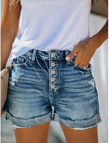  Dam Vanligt Jeans Ledigt vardag Kort Hög midja Ensfärgat Lappverk Bekväm Mateial som andas Mjuk Microelastisk Utomhus Gata Blå Sommar Normal
