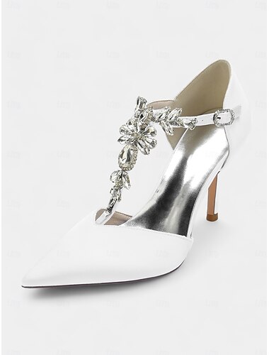  Escarpins à brides en satin bleu marine pour femmes – chaussures de cocktail à bout pointu avec ornements en cristal pour mariages et soirées