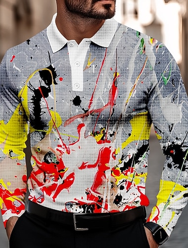  Herre Splash blekk Vaffel poloskjorter Golf skjorte Langermet Poloskjorter Skjorter med krage Fritid Gate Hverdag treningsklær Knapper 3D-utskrift Vår Høst Vinter Grå