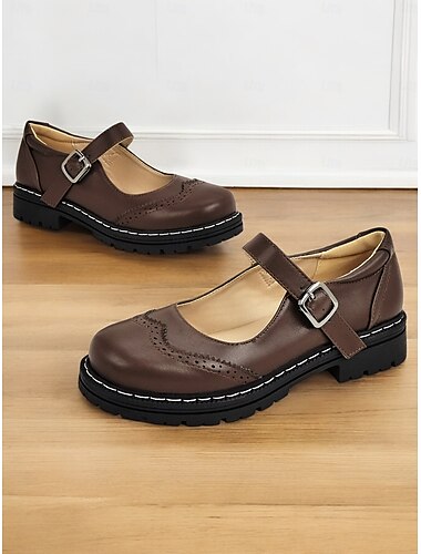  braune Mary-Jane-Schuhe für Damen mit Brogue-Details, Schnallenriemen und dicker, rutschfester Sohle – lässiges Retro-Schuhwerk für jeden Tag