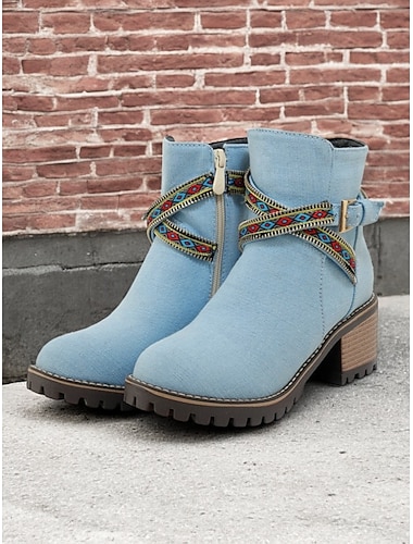  bottines en jean pour femme – style bohème avec brides brodées et talon épais, parfaites pour les looks décontractés et de festival