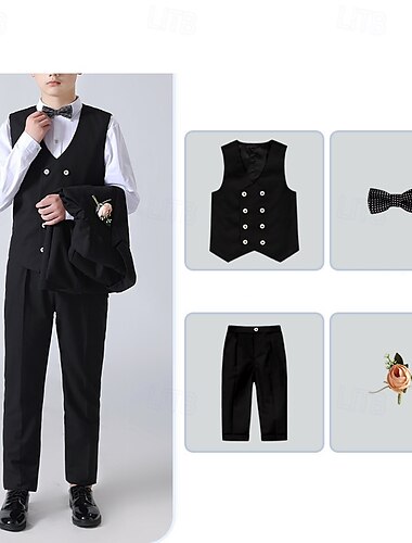  4 Stück Ring-Träger Anzug Jungen kinderkleidung Anzug Formeller Anzug Weste & Hose Formal Party Valentinstag Modisch Cool Feste Farbe Tasche Schwarz Marineblau Polyester