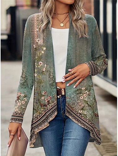  Damen Freizeitjacke Outdoor Strasse Freizeitskleidung Sommer Frühling Standard Mantel Regular Fit warm Atmungsaktiv Stilvoll Brautkleider schlicht Jacken Langarm Blumen Bedruckt Schwarz Grün