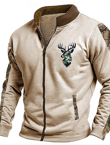  Herren Hirsch Pullover Sweatshirt Reißverschluss-Sweatshirt Langarm Sweatshirt Stehkragen Reißverschluss Mode Täglich Einfach Druck Urlaub Ferien Ausgehen Tasche Reißverschluss vorne Winter