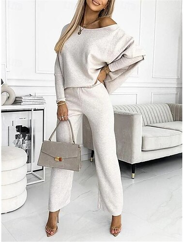  γυναικεία σετ σαλονιών με έναν ώμο με μακρυμάνικο μπλουζάκι και άνετο casual κοστούμι joggers ουδέτερο ανοιχτό γκρι για το σπίτι αναψυχής καθημερινά άνετη μόδα