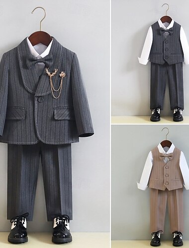  5 pezzi Completo da paggetto Da ragazzo Bambino Tuta Abito formale Blazer, gilet, pantaloni, spilla e cravatta Formale Feste San Valentino Di tendenza Fantastico Tinta unica Tasche Cachi Grigio
