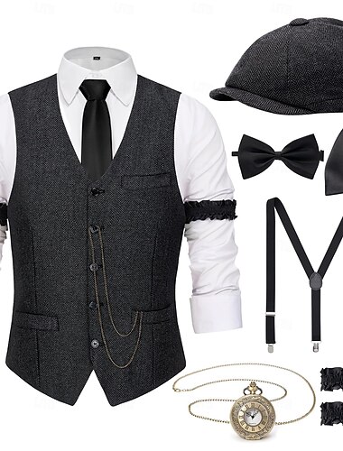 Retro / vintage Glada 20-talet 1920-talet Kläder Väst Tillbehörssats Herre Gangster Herr Karnevalsdräkt 8 st Jul Halloween Karnival Maskerad Cocktailfest Temafest Vuxna Kravatt Väst Mer accessoarer