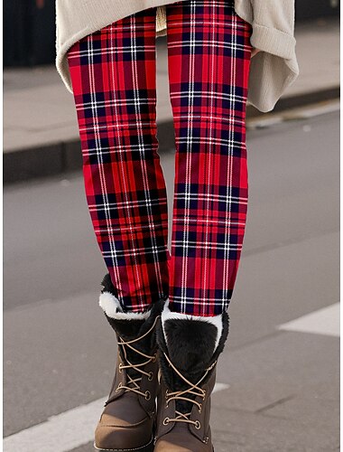  Damleggings Byxor Mode Streetwear Hela längden Hög midja Rutigt tryck Termisk Varm Andningsbar Mjuk Mikroleastisk Utomhus Daglig Vin Höst Vinter Regular Fit