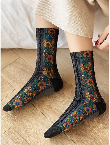  Damensocken aus Strick mit Vintage-Blumenstickerei – warme Socken in Rundhalslänge im Boho-Stil, ideal für lässige Outfits und Geschenksets