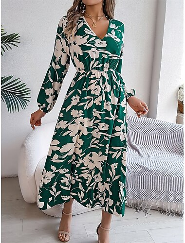  Damen Midikleid Casual kleid Schaukelkleid A Linie Kleid Brautkleider schlicht Täglich Regular Fit Blumen Langarm V Ausschnitt Wein Grün Khaki Sommer Frühling Herbst