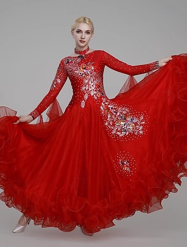  Baile de Salón Vestido Bordados Corte Cristales / diamantes de imitación Mujer Rendimiento Fiesta Manga Larga Licra Tul