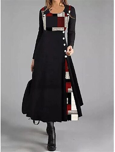  Damen kariertes Maxikleid mit Rundhalsausschnitt, lange Ärmel, Frühling/Herbst