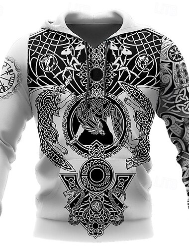 Herren Grafik-Drucke Vikinger Hoodie Sweatshirt Kapuze Hoodies Pullover Hoodie Sweatshirt Kapuze Langarm Sweatshirt mit Kapuze Mit Kapuze Strassenmode 3D-Druck Täglich Sport Grau Bedruckt Frühling