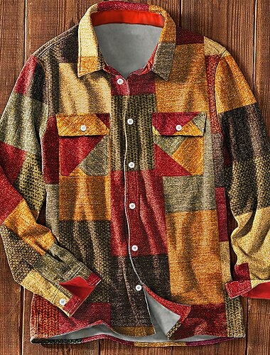  Per uomo A quadri Camicia Giacca da camicia Sovracamicia Manica lunga Informale Formale Casual Autunno Inverno Collo ripiegabile Tasche Nero Rosso