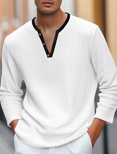  Homens Camisa Waffle Henley T-shirt Camisa de manga longa Manga Longa Decote V Henley Verão Côr Sólida Moda Designer Confortável Botões Ao ar livre Casual Diário Preto Branco Azul Top Tee para Homens