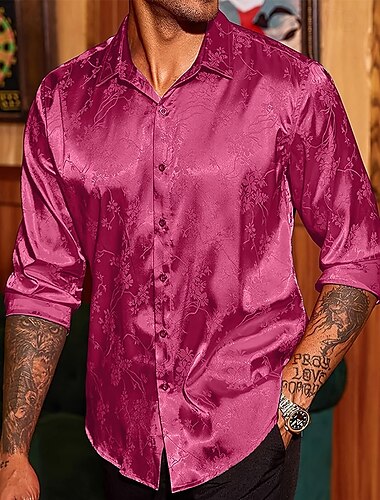  Herren Hemd Satinhemd Freizeithemd Knopfhemd Blumen Hochzeit Urlaub Rote Grün Beige Langarm Kragen Winter Frühling & Sommer Bekleidung