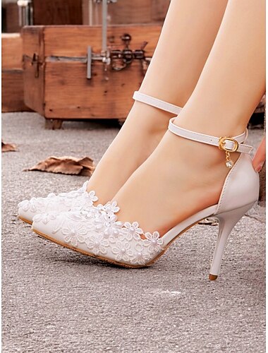  Zapatos de novia elegantes de color marfil para mujer: zapatos de boda de satén con encaje floral y adornos de perlas y correa en el tobillo