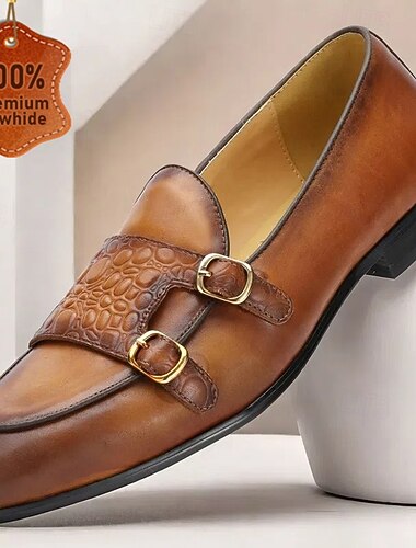  Braune Leder-Loafer für Herren mit Doppelschnalle und Krokoprägung – hochwertige Abendschuhe aus Rindsleder für formelle und legere Anlässe