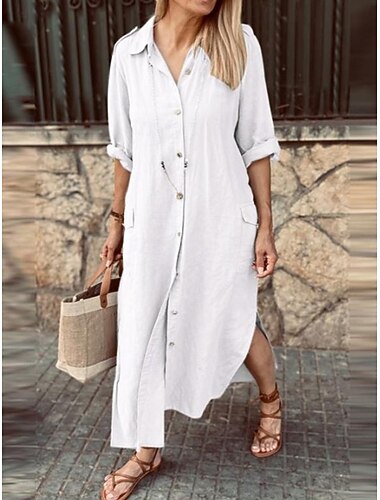  Dames Maxi-jurk Linnen-geïnspireerde jurken Shirtjurk Jurken van katoen en linnen Elegant Modieus Buiten Feest Ruim Passend Lange mouw Overhemdkraag Leger groen Wit khaki Lente Herfst