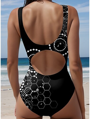  Damen Badeanzüge Einteilig Monokini Badeanzug Rückenfrei Bauchkontrolle Hoher Bund Schlank Urlaub Strandbekleidung Geometrischer U-Ausschnitt Ärmellose Badeanzüge
