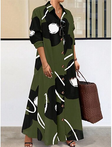  Damen Maxikleid mit Blumenmuster und Hemdkragen, lange Ärmel, Frühling/Herbst