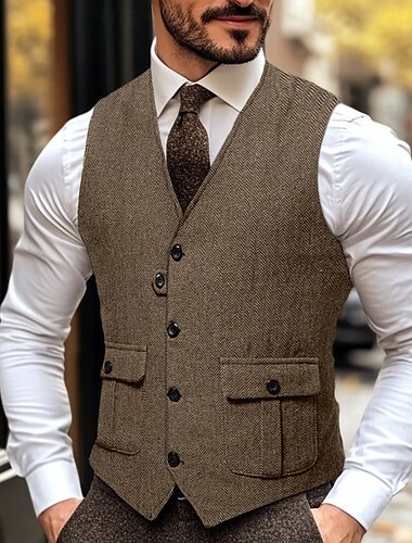  Chaleco de tweed de espiga de moda para hombre, de color marrón y gris, corte entallado, escote en V, botonadura sencilla y cuatro botones