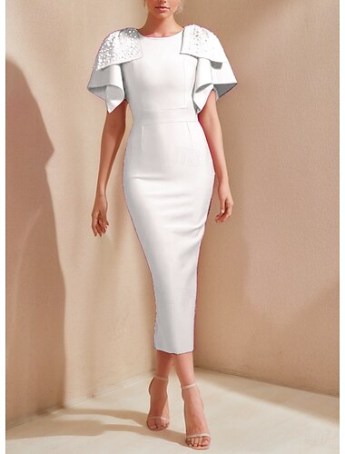  Schlauch Cocktailkleider Elegantes Kleid Formell Tee-Länge Kurzarm Juwel-Ausschnitt Stretch-Crepe mit Perlen Derby-Kleider 2025
