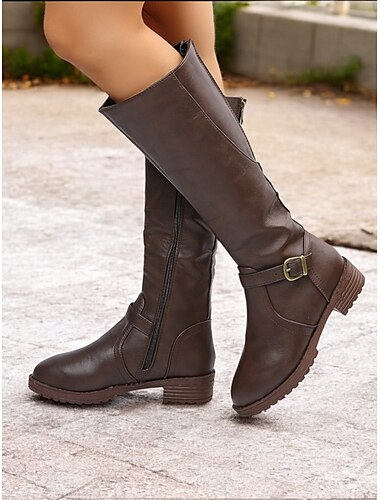  botas femininas marrons de cano alto com zíper lateral e fivela, salto baixo e design durável – perfeitas para uso casual e ao ar livre