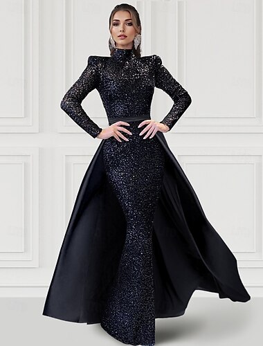  Abendkleid mit schwarzer Krawatte, Etui-Linie, elegantes Kleid, Karneval, formell, bodenlang, lange Ärmel, hoher Halsausschnitt, abnehmbarer Satin mit Glitzerpailletten 2025