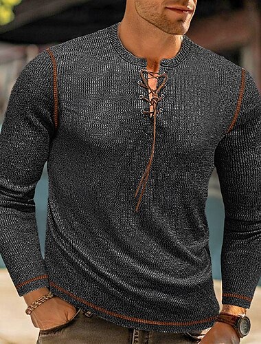  Herren Waffel T-Shirt T Shirt Waffel-Henley-Hemd T-Shirt Langarm Rundhalsausschnitt Frühling & Herbst Einfarbig Täglich Lässig Streetstyle Kordelzug Outdoor Straße Lässig Schwarz Blau Grau Top
