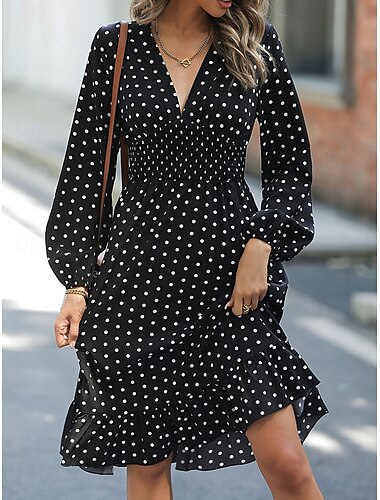  Damen Polka Dot V-Ausschnitt Midikleid Langarm Frühling Herbst