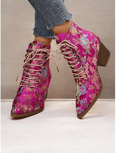  Damenstiefeletten mit Blumenstickereien zum Schnüren – leuchtend rosa Satin mit klobigem Absatz für lässige, Party- oder Boho-Chic-Outfits