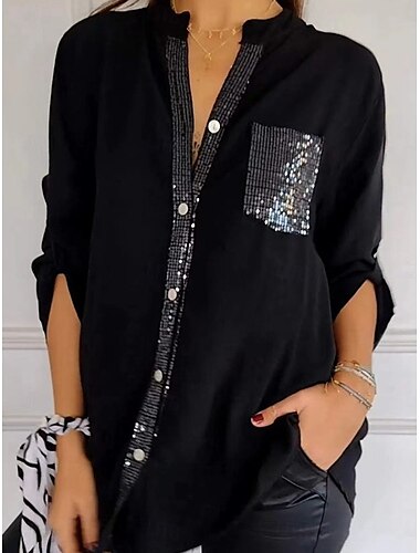  Damen Hemd Bluse Feste Farbe Basic Brautkleider schlicht Langarm V Ausschnitt Normale Oberteile Täglich Pailletten Patchwork Tasche Schwarz Rosa Grün Herbst