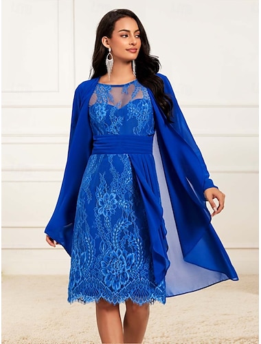  dames bruiloftsgastenjurk kanten jurk cocktailjurken formele jurken gerimpeld lange mouwen cocktailparty blauw lente zomer herfst