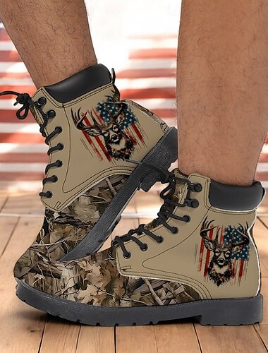  Jagdstiefel für Herren mit patriotischem Hirsch-Print – strapazierfähiges Outdoor-Schuhwerk mit Camouflage-Muster