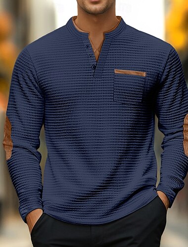  Herren Waffel-T-Shirt Poloshirts Langarm V Ausschnitt Frühling & Herbst Einfarbig Mode Basic Falscher Zweiteiler Straße Lässig Sport Schwarz Grau Marineblau Top T-Shirt für Herren