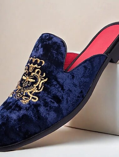  ανδρικά loafers βασιλικά κεντημένα από βελούδο - βασιλικές slip-on παντόφλες με χρυσό στολισμό κορώνας