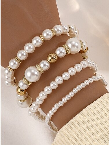  Elegantes stapelbares Perlenarmband-Set für Damen – 4-teilig, goldfarben, Süßwasserperlen, perfekt für Hochzeiten und Partys