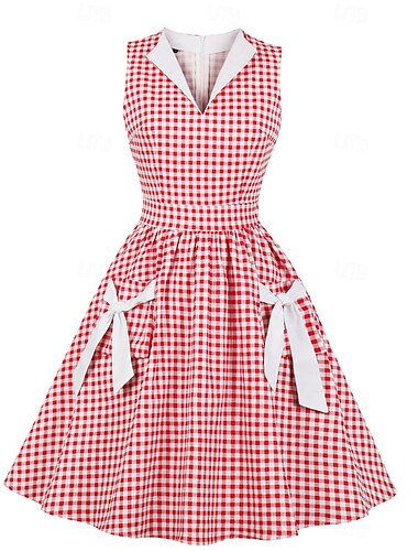  Retro Vintage Anos 50 Vestido antigo Vestidos Xadrez Linha A Mulheres Carnaval Ano Novo Baile de Máscaras Casual / Diário Festa de Solteira Adulto Vestido