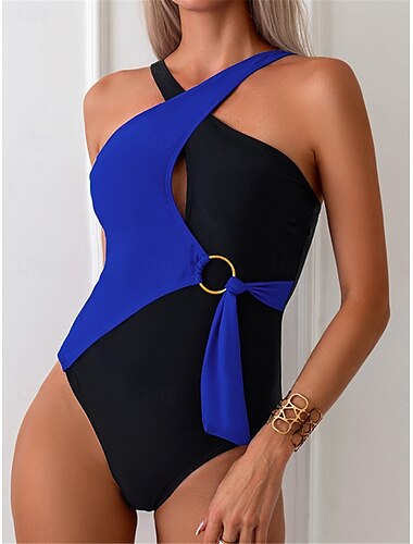  Damen Badeanzug Ein Stück Monokini Bademode Rückenfrei Patchwork Bauchkontrolle Hohe Taillenlinie Schlank Urlaub Strandbekleidung Feste Farbe Rundhalsausschnitt Ärmellos Badeanzüge