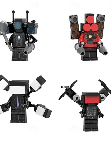  Lot de 4 blocs de toilettes, jouets, blocs de construction pour télévision, jouets, jeu de construction imaginatif, blocs de construction pour figurines d'action, blocs de construction d'anniversaire