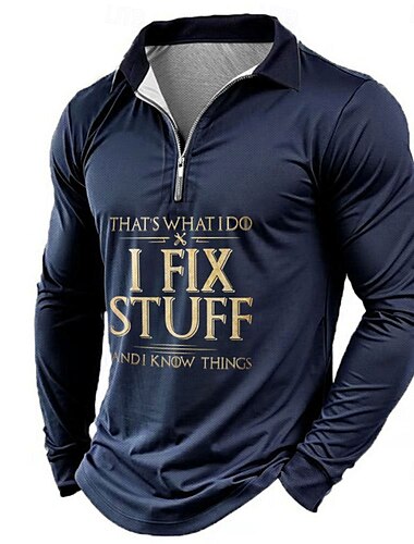  Herre Jeg fikser ting Zip Polo Langermet Poloskjorter Krage Business Casual Feriereise Festkveldsklær Hverdag 3D-utskrift Vår Høst vinter Svart Blå Grønn