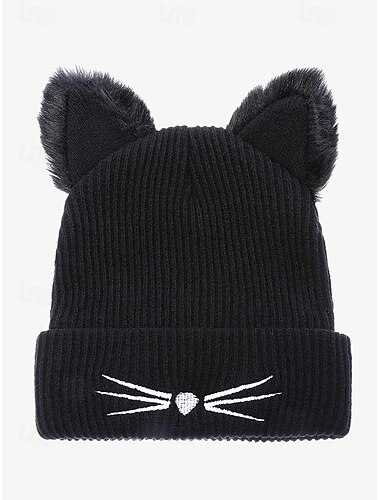  Süße Beanie mit Katzenohren für Damen – burgunderfarbene Strickmütze mit Kunstpelzohren und Schnurrhaarstickerei, gemütliches und stylisches Winteraccessoire