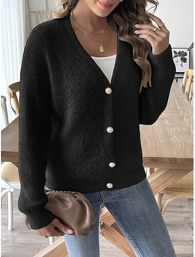  Per donna Cardigan Di tendenza Streetwear Giornaliero Tinta unica A coste A V Lavorato a maglia Manica lunga Top regolari Maglia Esterno Giornaliero Nero Bianco Autunno Inverno