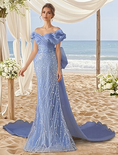  Meerjungfrau/Trompete Partykleider elegantes Kleid Hochzeit Hochzeitsgast Hofschleppe Kurzarm V-Ausschnitt Organza mit Strass 2025