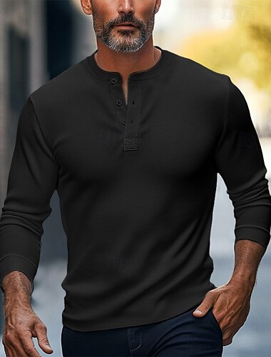  男性用 Tシャツ ヘンリーシャツ 純色 ヘンリー 標準 アウトドア カジュアル 長袖 ボタン 衣類 コットン１００％ ニット 日常