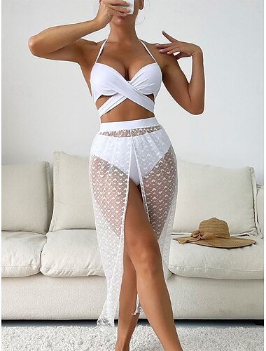  Femme Maillots de Bain Bikinis Trois pièces Jupe Maillot de bain Dos Nu Mince Vacances Tenues de plage Couleur unie Dos nu Sans Manches Maillots de bain